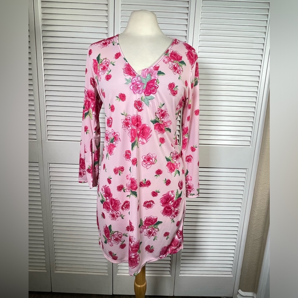 Y2K. Natori, floral dress semi sheer romantic color pink, Size:M.